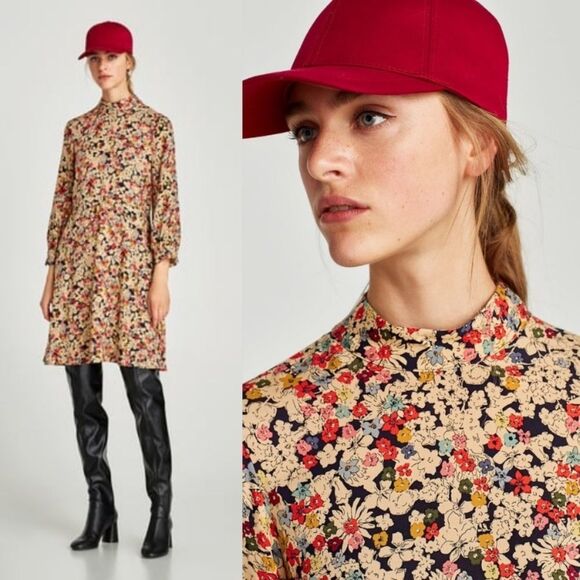 Zara retro floral Liberty high neck long sleeve skater dress small - Picture 2 of 8
